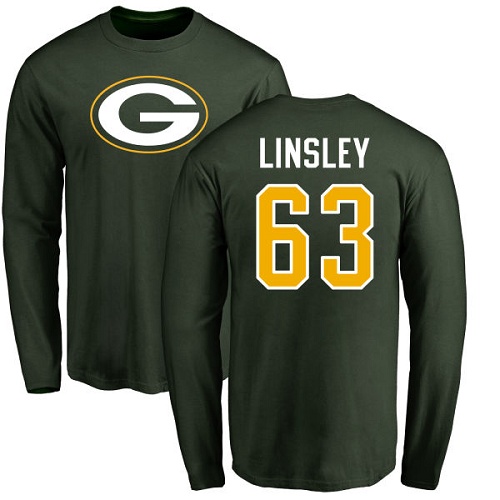 Men Green Bay Packers Green #63 Linsley Corey Name And Number Logo Nike NFL Long Sleeve T Shirt